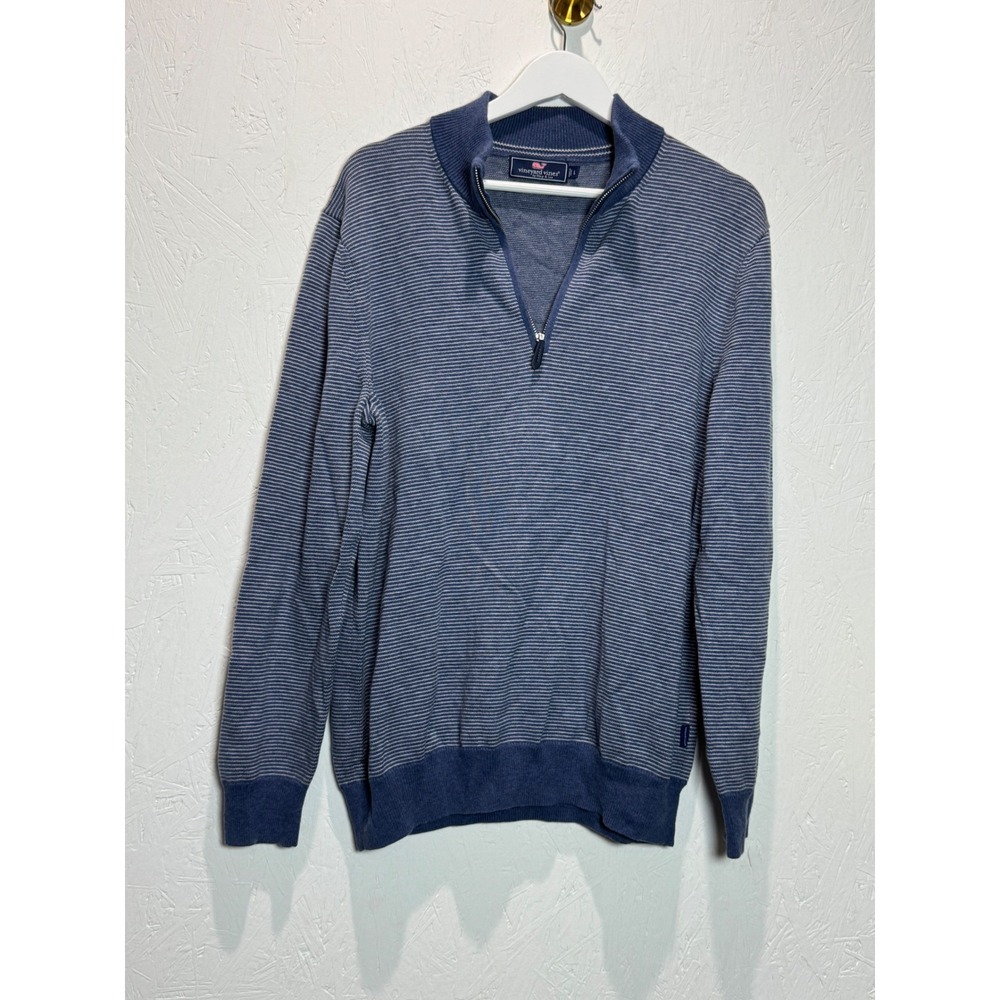 Vineyard Vines Mens Blue Striped Merino Wool Cotton Quarter Zip Sweater Large